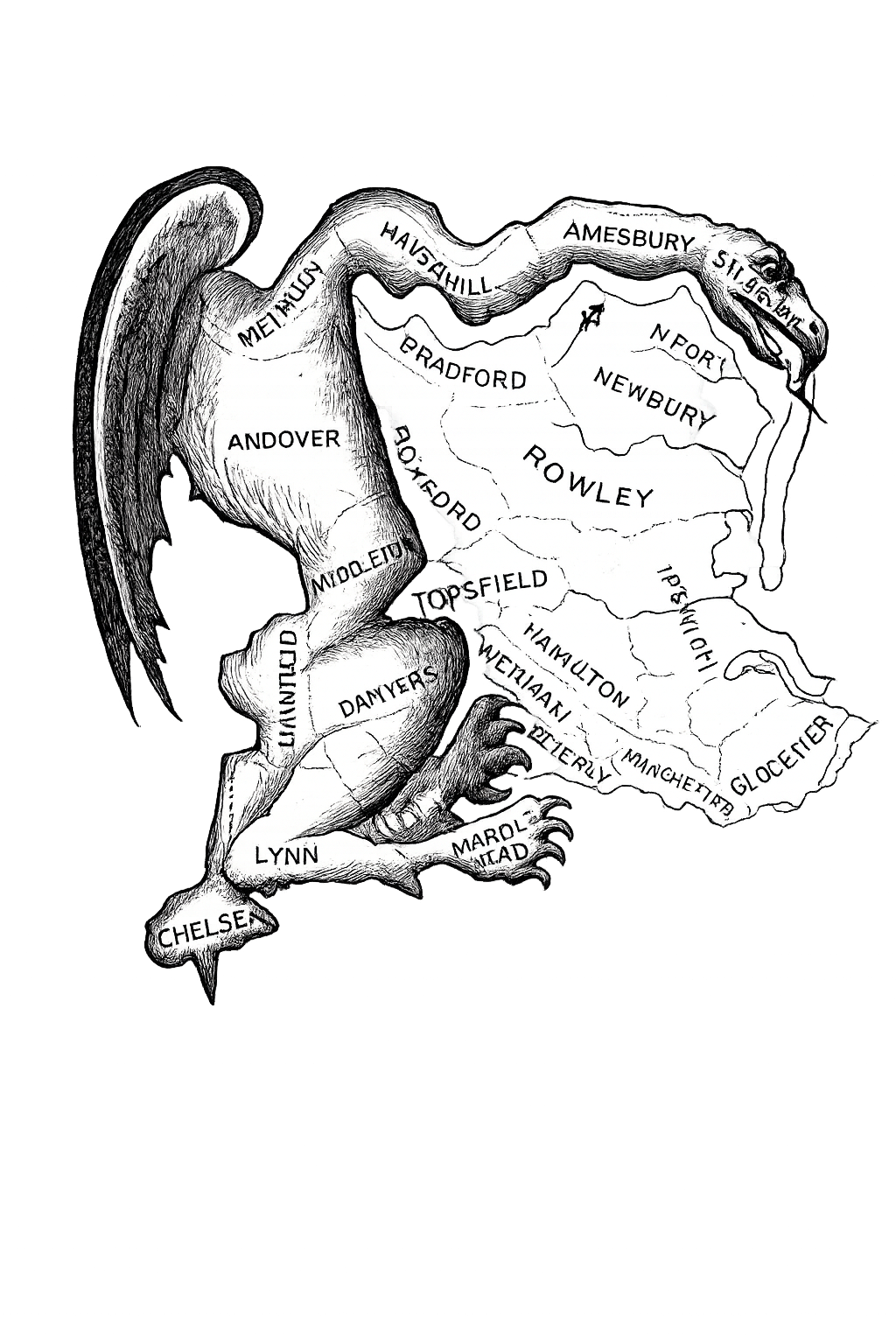 Caricatura histórica del distrito electoral con forma de salamandra que dio origen al término gerrymandering